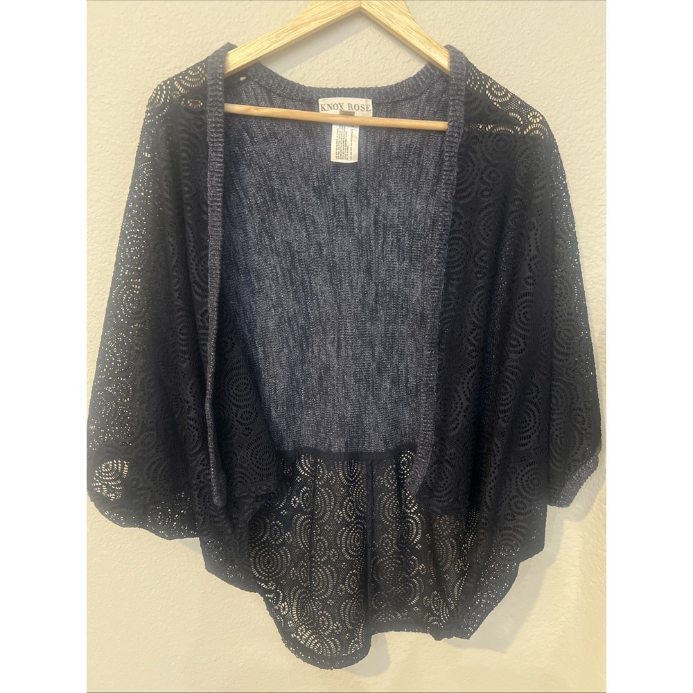 Knox Rose‎ MIDNIGHT BLUE Knitted Laced Cardigan Butterfly Sleeves Crochet SMALL